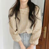 ベージュ | ノーカラーチェックブラウス | ad thie