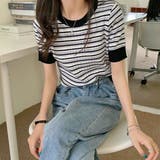 ブラック | マルチボーダー配色リブニット 半袖 | ad thie