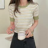 グリーン | マルチボーダー配色リブニット 半袖 | ad thie