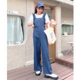 ブルー | 肩フリル フレアパンツデニムサロペット | ad thie