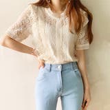 肩フリル 半袖 総レース バンドカラーブラウス[品番