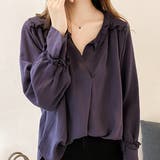 ネイビー | ネック、袖フリルスキッパーギャザーブラウス  | ad thie