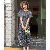 ネイビー | 小花柄 ネックギャザー ウエストマークロングティアードワンピース | ad thie