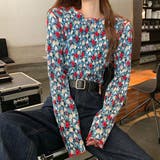 ライトブルー | 花柄  メローカット シャーリングトップス | ad thie