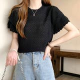 ブラック | ダブルスカラップ 柄編みサマーニットトップス | ad thie