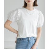 オフホワイト | パール付き・パフスリーブ ショルダーフリルTシャツ | ad thie