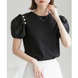 ブラック | パール付き・パフスリーブ ショルダーフリルTシャツ | ad thie