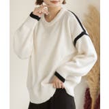 オフホワイト | ゆったり・クルーネック 配色ラインデザインニット | ad thie