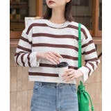 ブラウン | ショート丈・ベーシック クルーネックボーダーニット | ad thie