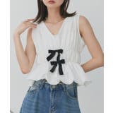 オフホワイト | リボンデザインノースリーブペプラムブラウス | ad thie