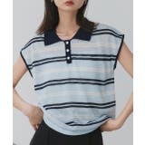 ライトブルー | シアーフレンチスリーブボーダーポロトップス | ad thie