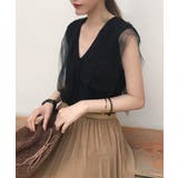 ブラック | Jasmine GrandiflorumチュールドッキングVネックニットトップス | aimoha