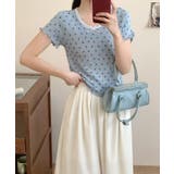 ブルー | ドット柄半袖トップス | aimoha