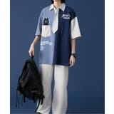 ブルー | HOOK アシメトリー切り替えデザイン ネクタイ付き半袖poloシャツ | HOOK