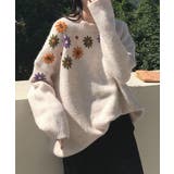 ベージュ | 新作 花刺繍ニットセーター 韓国ファッション | aimoha 