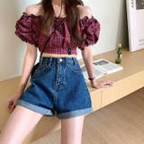 ネイビー | ハイウエストAラインデニムショーツ ショートパンツ 韓国ファッション | aimoha