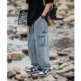 ブルー | 古着風ビッグポケット付きウォッシュ加工デニムカーゴパンツ 韓国 ストリート系 | HOOK