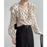 ベージュ | 花柄 フリル衿ブラウス 韓国ファッション | aimoha 