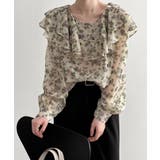 パープル | 花柄 フリル衿ブラウス 韓国ファッション | aimoha 