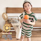 韓国子供服 フロントプリントボーダーTEE+ショットパンツ セットアップ | aimoha kids | 詳細画像1 