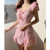 ピンク | レトロ花柄ワンピーススイムウェア 水着 UVカット | aimoha 