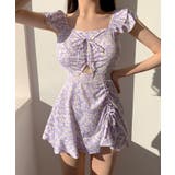 パープル | レトロ花柄ワンピーススイムウェア 水着 UVカット | aimoha 