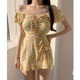 イエロー | レトロ花柄ワンピーススイムウェア 水着 UVカット | aimoha 