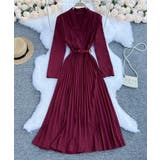 ワインレッド | ガウン風プリーツスカートロングワンピース 韓国ファッション ハイウエスト | aimoha 