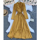 イエロー | ガウン風プリーツスカートロングワンピース 韓国ファッション ハイウエスト | aimoha 