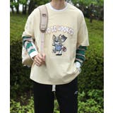 ベージュ | かわいいカートゥーンプリントボーダー切り替え袖TEE ロンT 韓国ファッション | HOOK