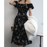 ブラック | 配色花柄スクエアネックパワショルワンピース 【Jasmine Grandiflo… | aimoha 