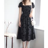 ブラック | スクエアネック花柄ワンピース ドレス 韓国ファッション | aimoha 