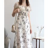 ベージュ | 配色花柄スクエアネックパワショルワンピース 【Jasmine Grandiflo… | aimoha 