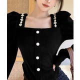 ブラック | スクエアネックパワショルビジュ付きブラウス 韓国ファッション ハイウエスト | aimoha 