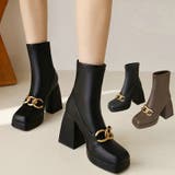 チェーン厚底太ヒールショートブーツ 韓国ファッション ハイウエスト | aimoha | 詳細画像1