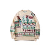 ベージュ | 古着風 レトロ調メキシコパッチワーク模様ニット風スウェット【AW】 | HOOK