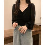 ブラック | シフォン袖切り替えニットトップス Jasmine Grandiflorum | aimoha