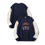 ネイビー | アメカジカートゥーンキャラクター刺繍袖配色スウェット | HOOK
