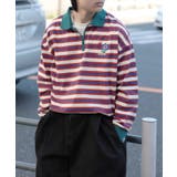 レッド | HOOK -original- バイカラー花刺繍マルチボーダーポロ襟ロンTEE | HOOK