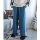 ブルー | 配色ワンポイント刺繍飾りステッチサイドラインスウェットパンツ セットアップ可能 | HOOK