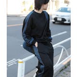 ブラック1 | 配色ワンポイント刺繍飾りステッチサイドラインスウェット セットアップ可能 | HOOK