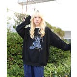 ブラック | HOOK -original- かわいいネコパッチワーク刺繍フリンジスウェット | HOOK