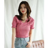 レッド | Vネックレース編みシアー半袖トップス Jasmine Grandiflorum | aimoha 