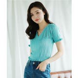 ブルー | Vネックレース編みシアー半袖トップス Jasmine Grandiflorum | aimoha 