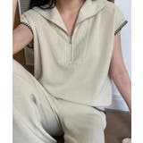 オフホワイト | Banico ハーフジップフレンチスリーブサマーニット 涼感素材上下セットアップ | aimoha