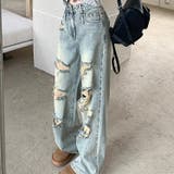 「HOOK」for girls ダメージウォッシュワイドデニムパンツ | HOOK | 詳細画像1
