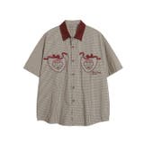 ベージュ | HOOK select 古着風ハート刺繍チェック柄異素材襟ビッグシャツ | HOOK