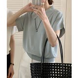 ブルー | 丸襟付きポロ半袖ニットトップス | aimoha