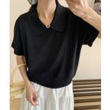 ブラック | 丸襟付きポロ半袖ニットトップス | aimoha