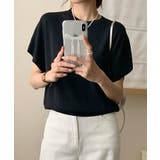 ブラック | クルーネックリブ編み半袖ニットトップス | aimoha